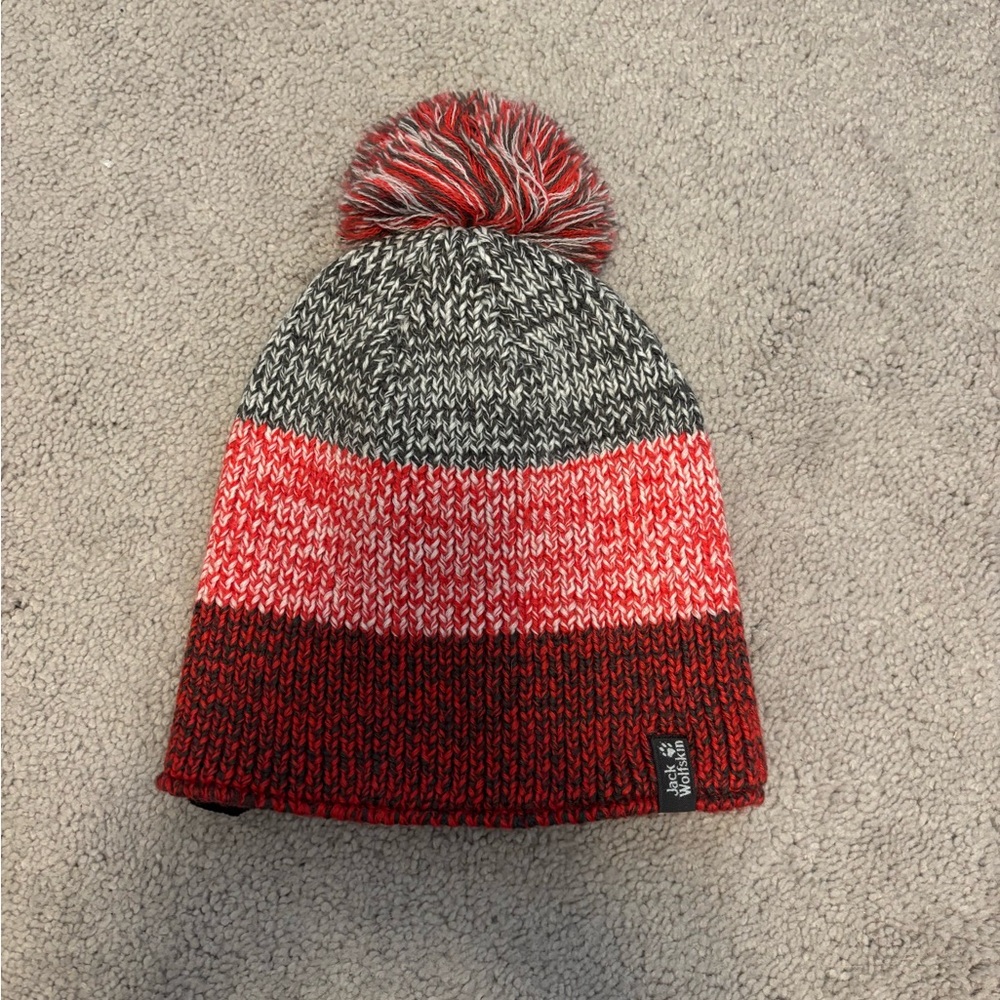 Jack Wolfskin' Knit Pom-Pom Beanie - Red, White, and Gray